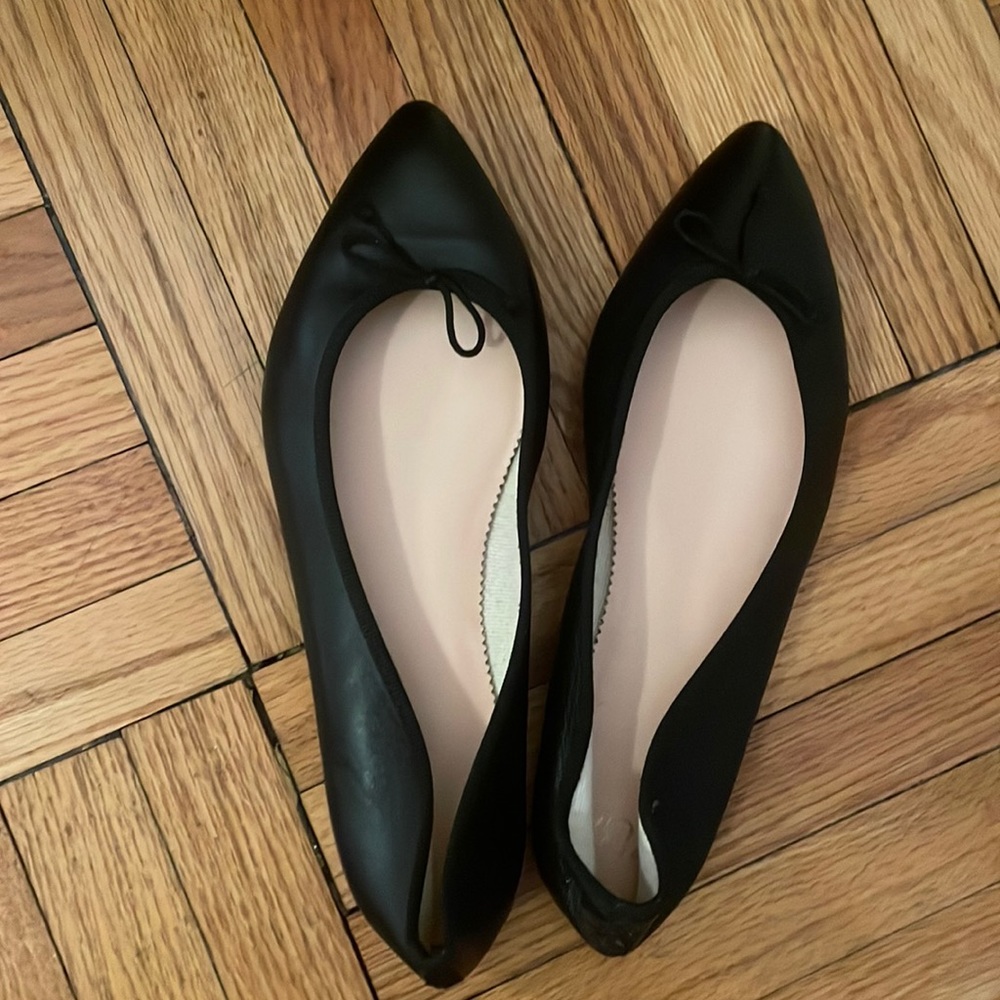 J. Crew Black Pointed-Toe Ballet Flats with Pink Insole